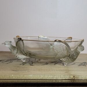 Jeannette Glass PHEASANT Bowl Clear Glass Gold Rim Footed Bowl